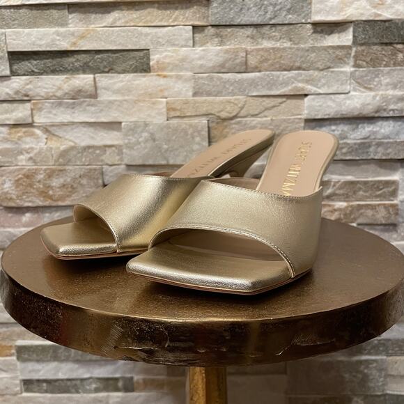 Stuart Weitzman 7.5 Gold Tia Slide Sandals | Calfskin Leather Heels Spain $395 - Picture 4 of 9